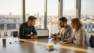 L’équipe de l’agence web échange et brainstorme ensemble autour d’un ordinateur portable.