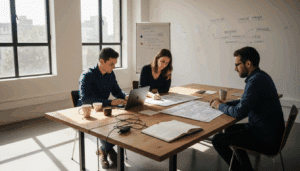 L’équipe en charge de l’architecture web passe en revue les schémas du projet.