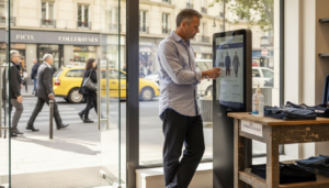 Le responsable du magasin utilise la borne numérique installée à l’entrée.