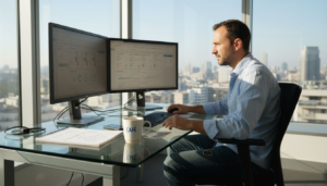 Dans un bureau lumineux, un analyste web observe attentivement les performances des conversions, scrutant les données pour optimiser la stratégie digitale.