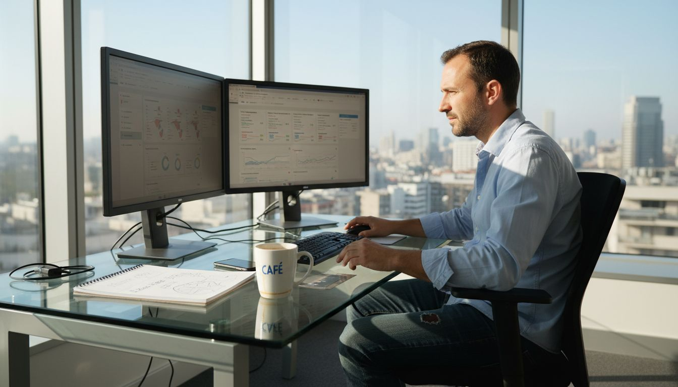 Dans un bureau lumineux, un analyste web observe attentivement les performances des conversions, scrutant les données pour optimiser la stratégie digitale.